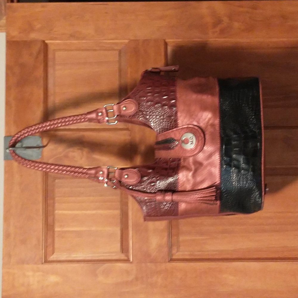 MC faux croc embossed large handbag with charm and tassel